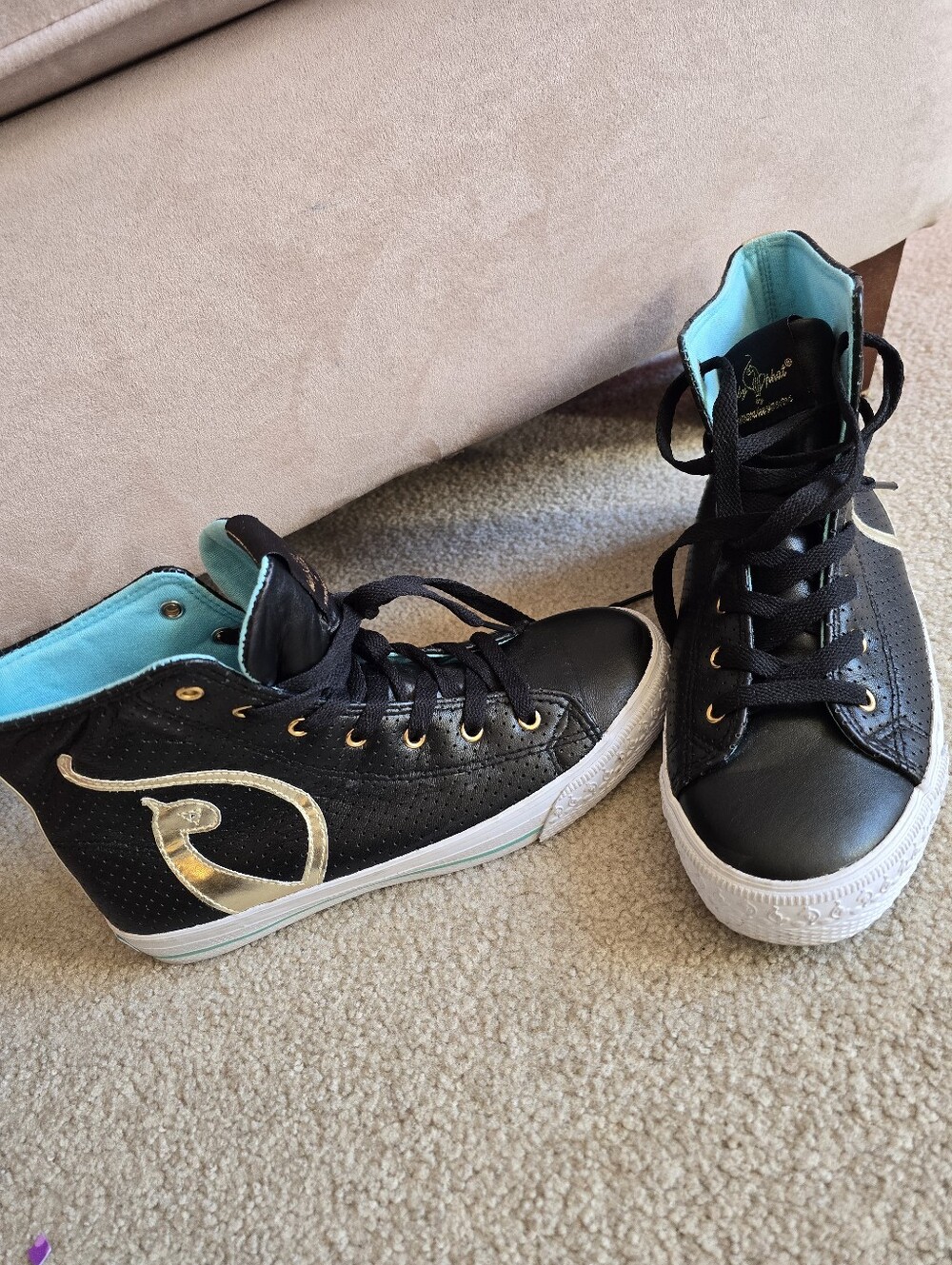 Baby Phat Vintage High-top Shoes in Black Leather with a Metallic cat logo, Y2K